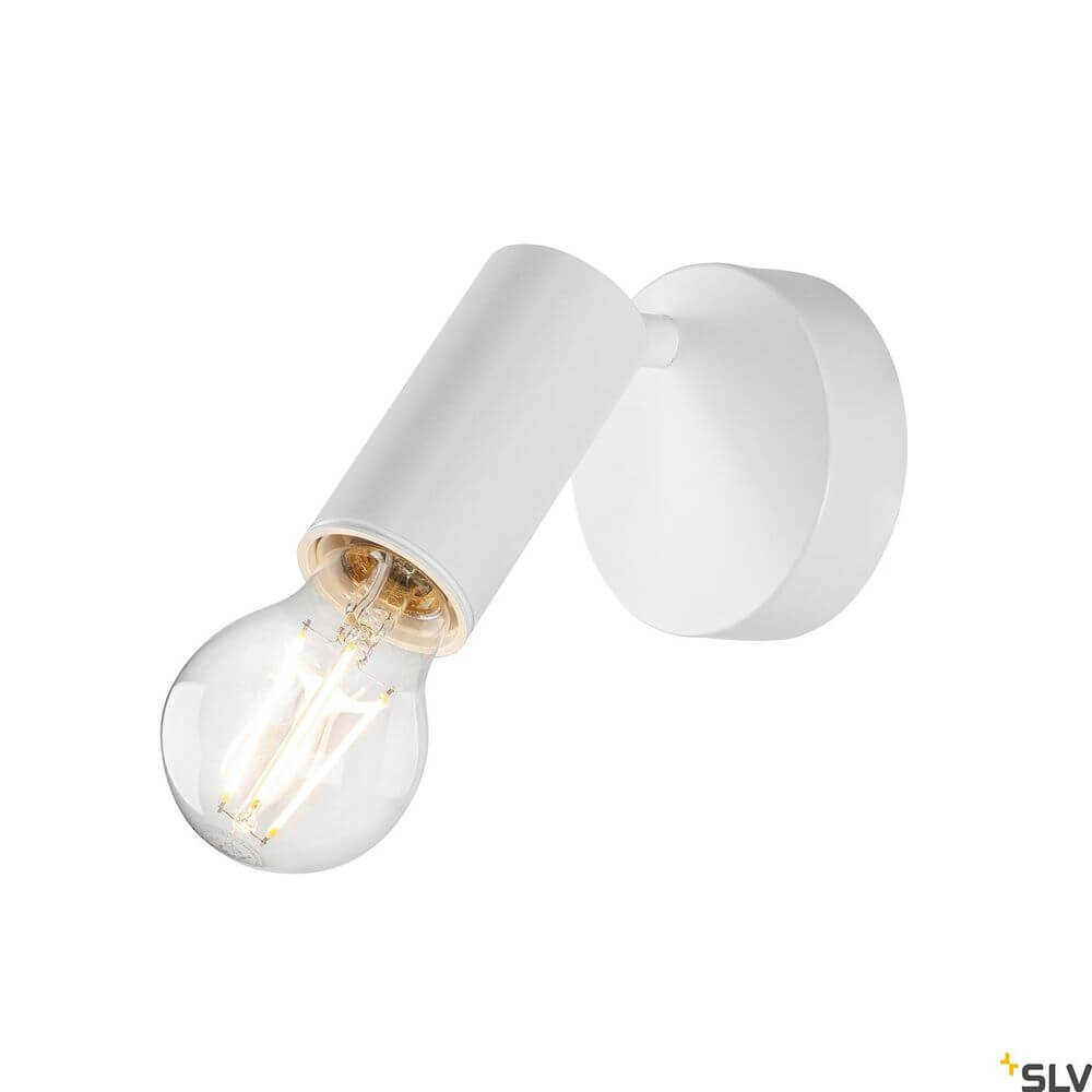 Fitu E27 Wandstrahler Weiß an der Wand montiert mit Glühbirne in einem modernen Design.