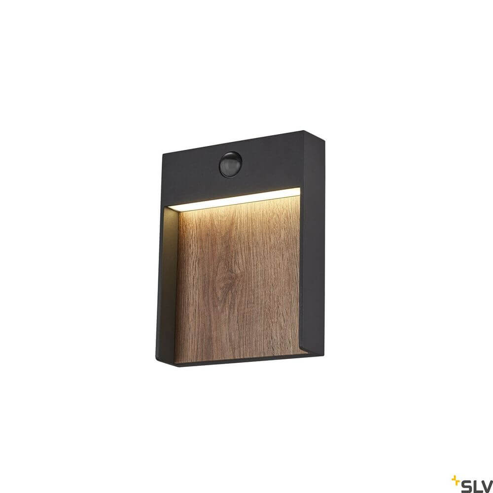 Flatt Sensor LED Outdoor-Wandlampe 3000K Anthrazit, Braun an einer Wand montiert.