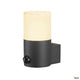 Grafit Round Sensor Wandleuchte Anthrazit an einer Wand montiert, elegantes Design mit satiniertem Acryl.