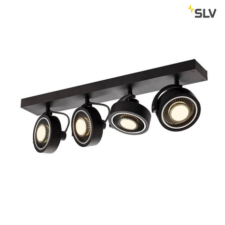 Plafonnier en saillie Kalu Quad QPAR111 noir avec quatre têtes d’éclairage orientables sur support noir.