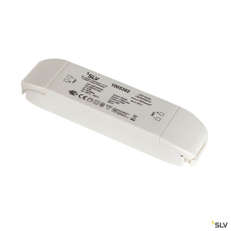 LED 40W 24V power supply, white housing view with technical specifications on the surface.