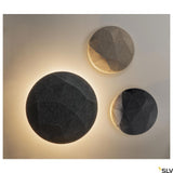 Drei runde, dimmbare Wandaufbauleuchten in Anthrazit und Grau mit indirektem Licht, skulpturales Design.