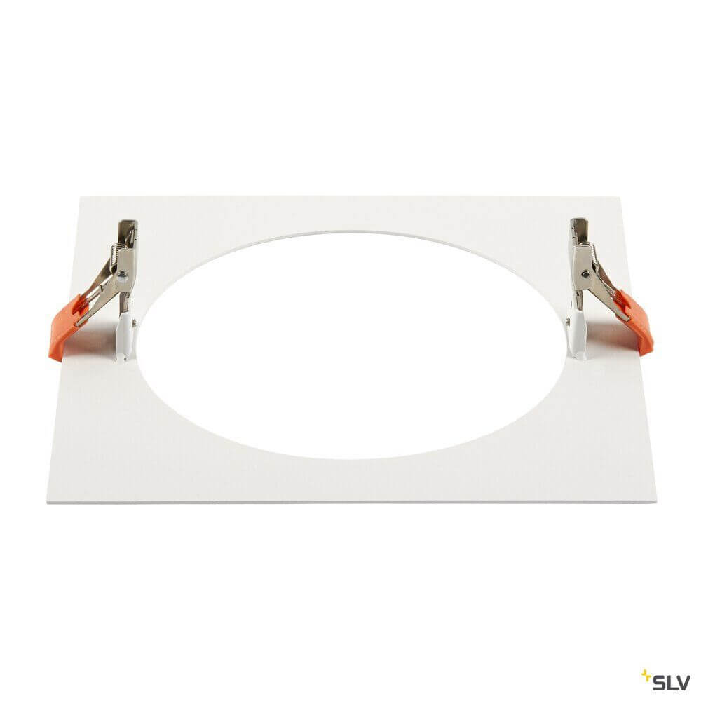 Numinos XL Einbaurahmen für Hohldecken mit flexiblen Clip-Mechanismen und weißer Oberfläche.