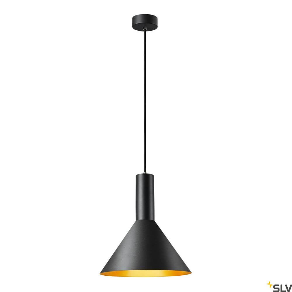 Phelia 275 E27 Pendellampe Schwarz, Gold hängend mit schwarzem und goldenem Design.