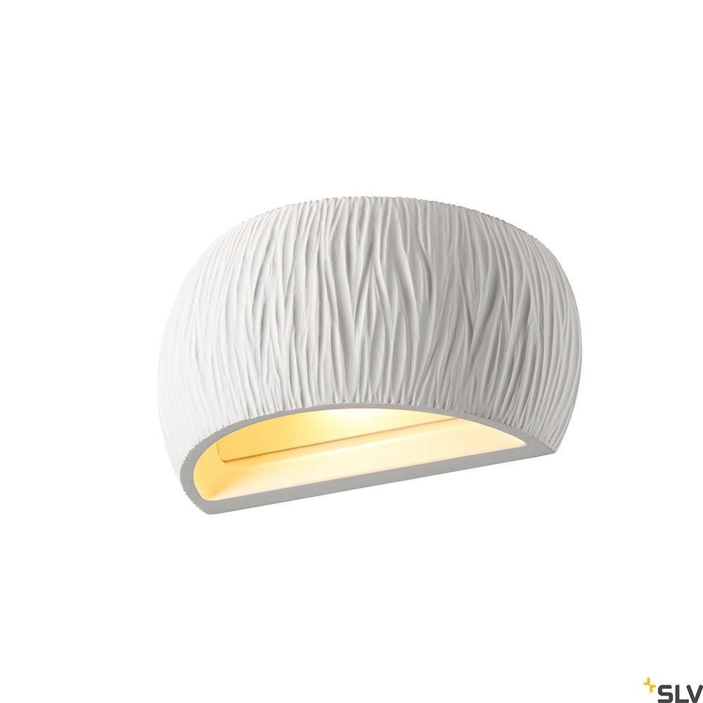 Moderne weiße Gipsleuchte PLASTRA WL CURVED mit strukturiertem Design und R7s Sockel für individuelle Farbgestaltung.