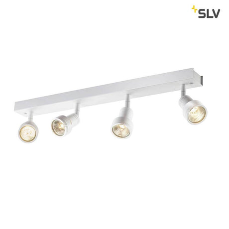 Plafonnier Puri Quad QPAR51 blanc avec quatre têtes de luminaire orientables et pivotantes sur une rosace blanche.