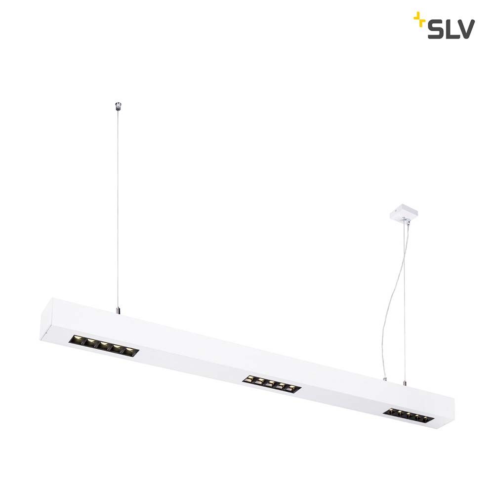 Hängende Q-Line LED Pendelleuchte 1m in Weiß mit neutralweißem Licht, dimmbar, ideal für Bildschirmarbeitsplätze.