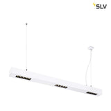 Hängende Q-Line LED Pendelleuchte 1m in Weiß mit neutralweißem Licht, dimmbar, ideal für Bildschirmarbeitsplätze.