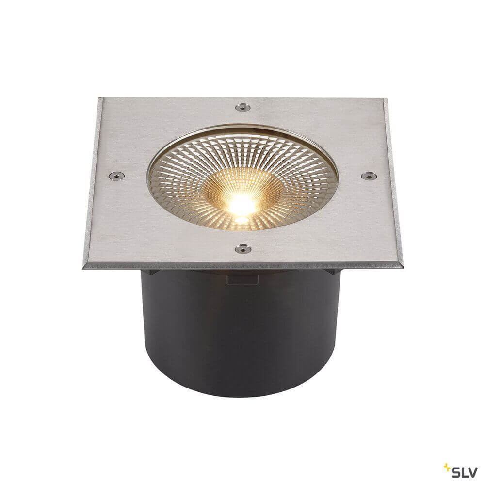 Rocci 200 LED Bodeneinbauleuchte 120° mit Edelstahlblende und Glasabdeckung für Außeninstallation.