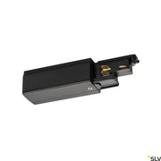 S-Track Dali Einspeiser Links, schwarzes Aluminiumgehäuse mit Kontakten, Schieneneinspeisung für LED-Beleuchtung, seitliche Ansicht