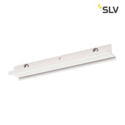 Connecteur de jonction pour rail S-Track 3P. blanc sur fond blanc, idéal pour système de rail apparent triphasé haute tension.