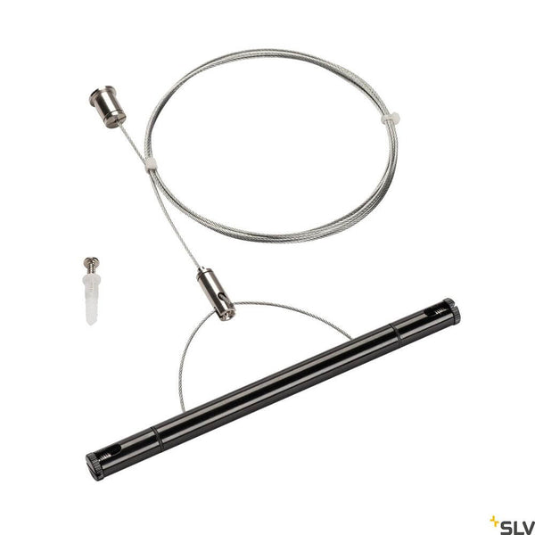 Tenseo wire suspension black with cable and mounting elements for easy installation.