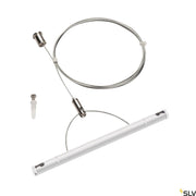 Suspension par câble Tenseo blanche avec câble, support et matériel de montage pour une installation facile.