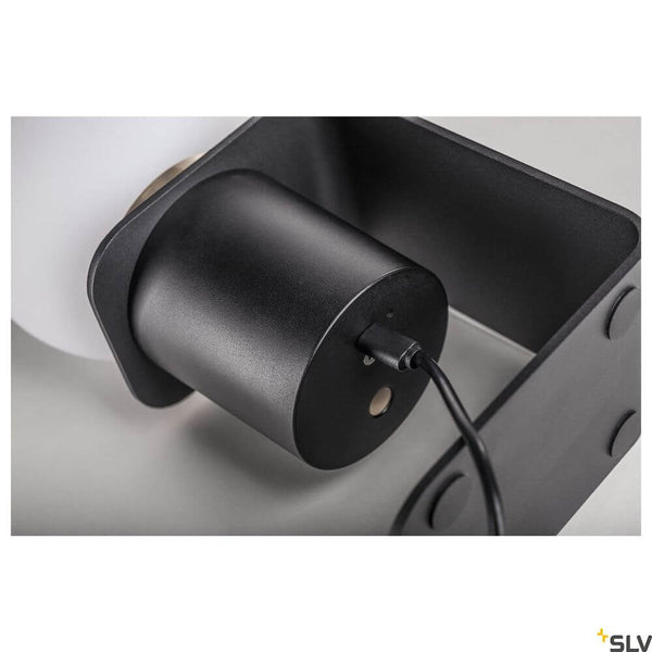 Detailansicht der Tonila Mobile Akku-Tischleuchte Schwarz mit Ladeanschluss und dimmbarer LED.
