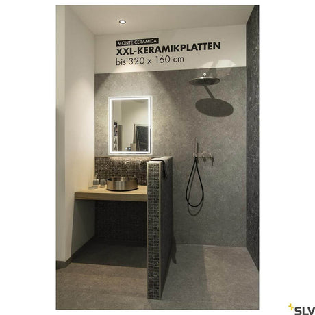 Baderom med Trukko LED-badkamerspeil speillampe CCT og XXL-keramiske plater opptil 320 x 160 cm.
