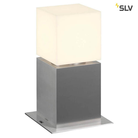 Square Pole 30 E27 outdoor floor lamp brushed aluminium IP44 in stainless steel with opal acrylic cuboid.