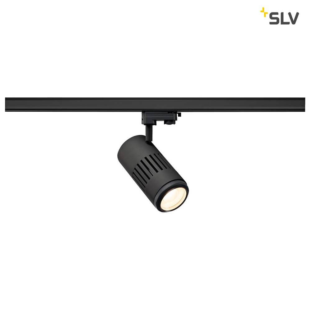 Stuctec LED Zooming Lens Strahler für 3Ph-Schiene 3000K Schwarz an Hochvolt-Schienen-System montiert.
