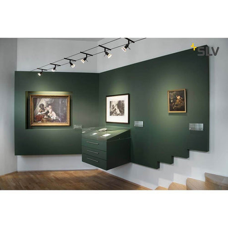 Syros cable light for Tenseo 12V cable system QR-C51 black positioned in a gallery with artworks.