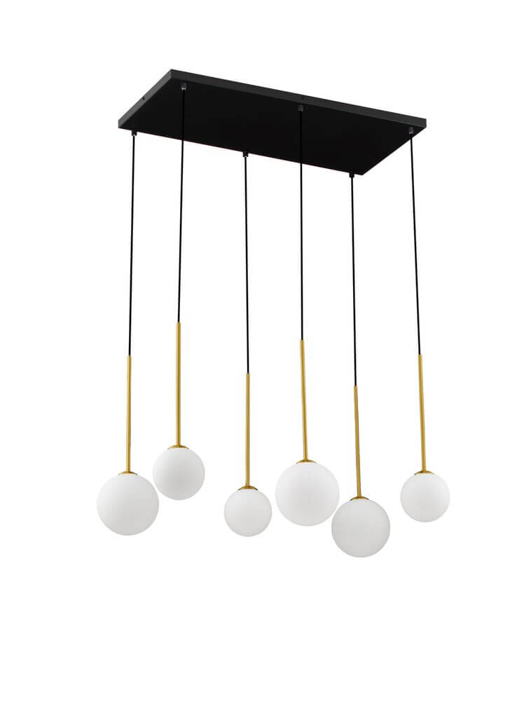 Savoy Pendelleuchte G9 6-flammig Schwarz, Gold mit sechs weißen Lampenschirmen und goldenem Design.