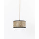 Schlichte Hängeleuchte aus Heu Rund, naturfarbene Lampe mit schwarzem Rand und Eichenholz Baldachin.