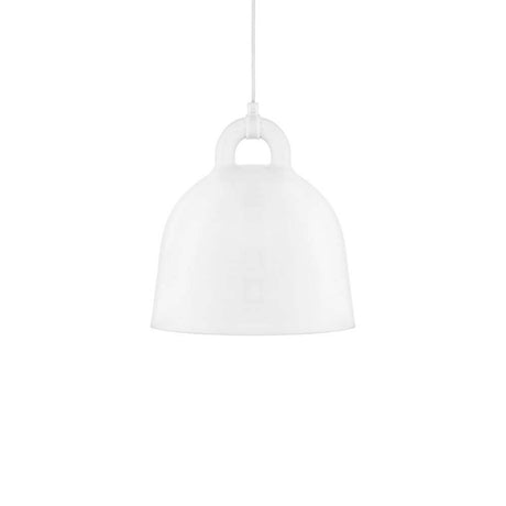 Lampa wisząca Bell S Ø 35cm Biała z gładką, okrągłą powierzchnią w kolorze białym, elegancka i prosta lampa designerska.