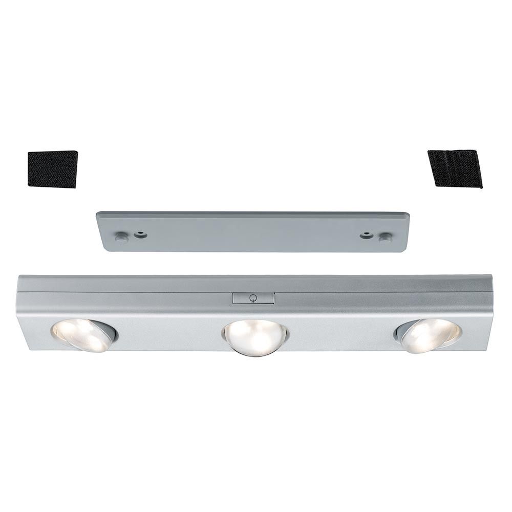 LED Schrankleuchte Jiggle mit 3 schwenkbaren Spots und Montageplatte für einfache Installation.