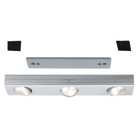 LED Schrankleuchte Jiggle mit 3 schwenkbaren Spots und Montageplatte für einfache Installation.