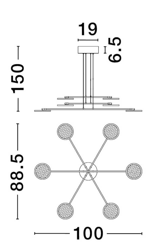 Technische Skizze der Pendelleuchte Scope mit sechs Leuchtmitteln und den Maßen 150x100 cm.