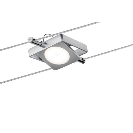 Seil-Leuchte LED 1x4W MacLED 12V DC an einer Drahtseilaufhängung, modernes Design für gezielte Lichtakzente.