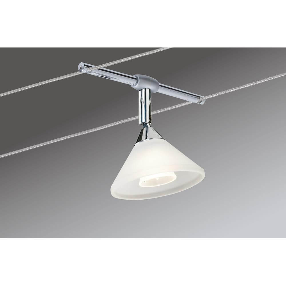 Seilspot Colmar Chrom GU4 in Chromausführung mit weißem Schirm, ideal für diverse Raumgestaltungen.