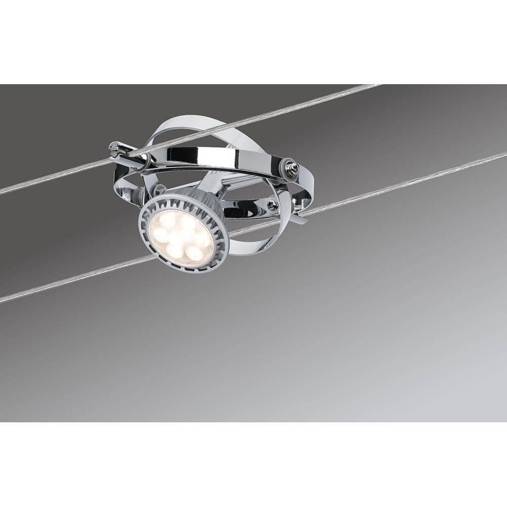 Seilsystem Cardan Chrom mit 4 Spots GU5,3 auf Kabel montiert, ideal für individuelle Raumgestaltung.