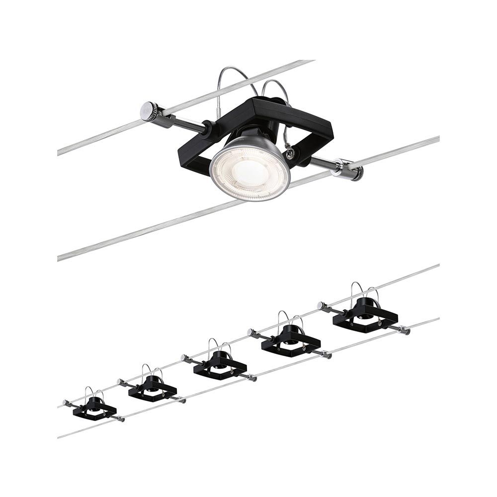 Seilsystem Mac II Basis-Set in Schwarz-Matt mit mehreren Spots für individuelle Raumgestaltung.