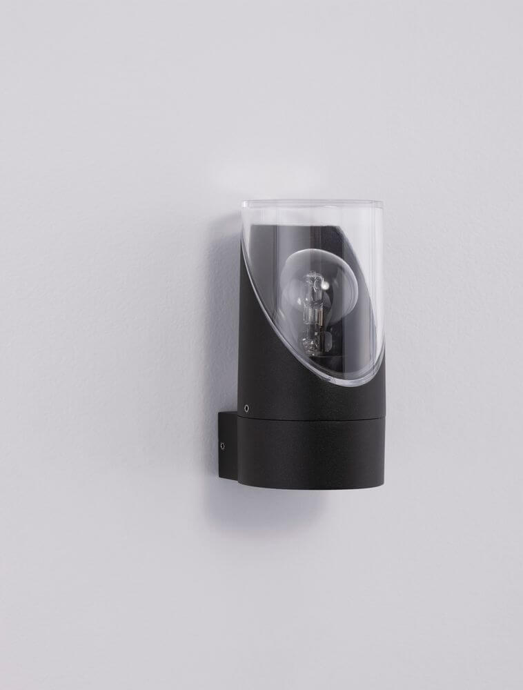 Selena Außenwandleuchte E27 Ø 9cm Anthrazit IP65 an einer Wand montiert, modernes Design.