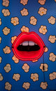 Seletti Blow LED-Schild Mund Acryl leuchtendes Pop‑Art Mundschild in Rot vor blauem Popcorn‑Muster, Studio Job Design, Acryl-Wandlampe