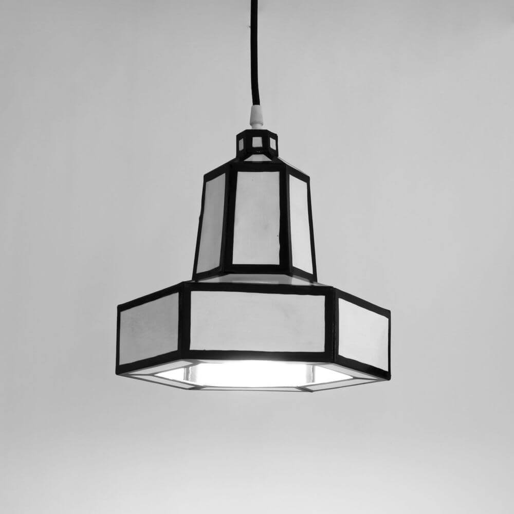 Seletti Cut & Paste Pendelleuchte Karton Natur/Schwarz hängende Designlampe mit sechseckigem Schirm aus recyceltem Karton, Natur- und Schwarzkontrast