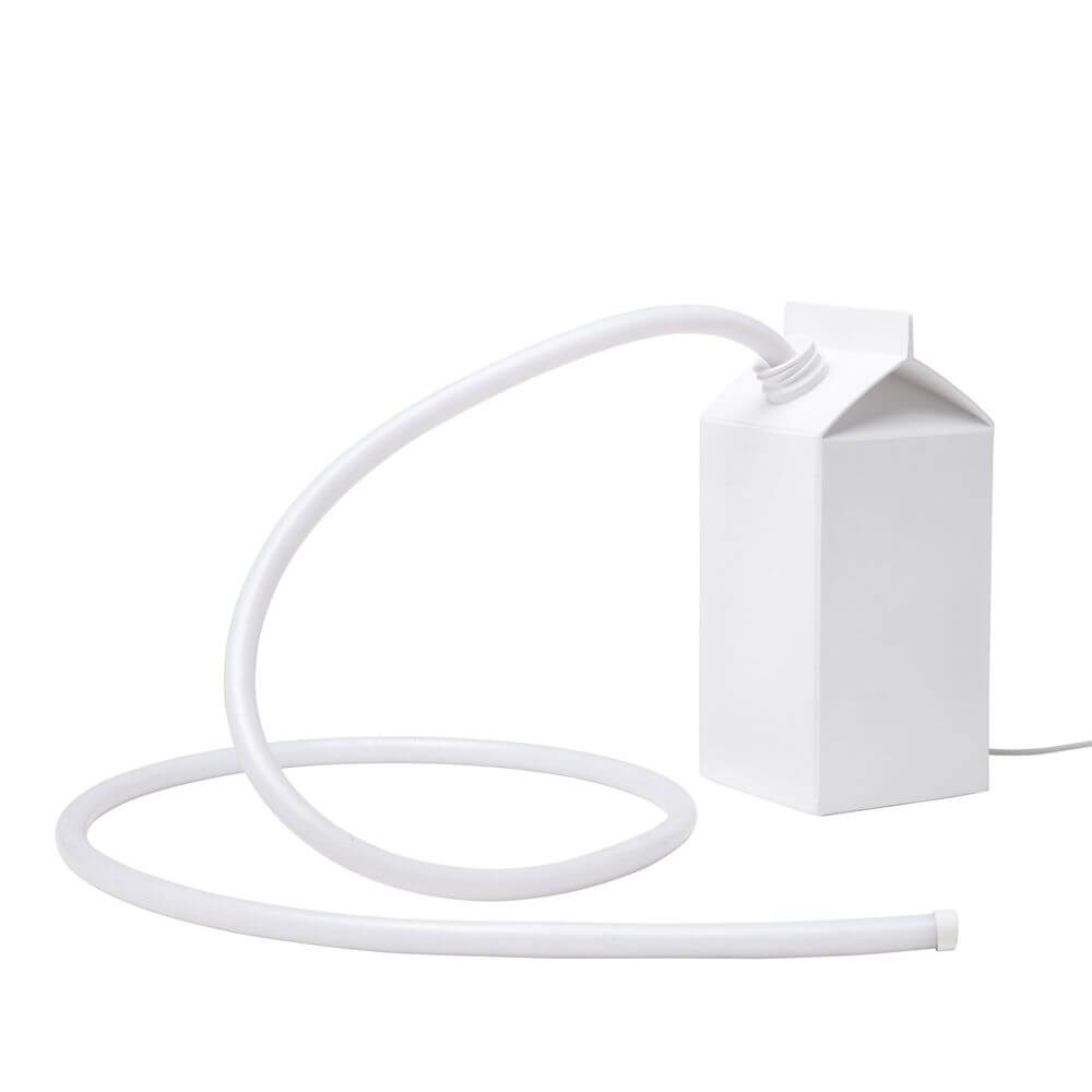 Seletti Daily Glow Milk LED-Dekorationsleuchte Milchglasoptik weiße Milchkarton-Leuchte aus Harz mit flexiblem Silikonschlauch, modernes Wohnaccessoire
