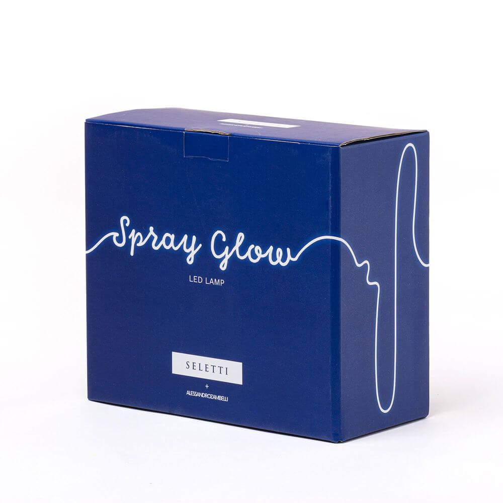 Seletti Daily Glow Spray LED-Tischleuchte Weiß in blauer Verpackung mit weißer Schrift ‚Spray Glow‘, Produktbox frontal fotografiert