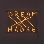 Seletti Dream-Madre LED sign 52x38cm luminous yellow-orange acrylic-silicone art object on the wall, neon-style lettering 'DREAM MADRE'