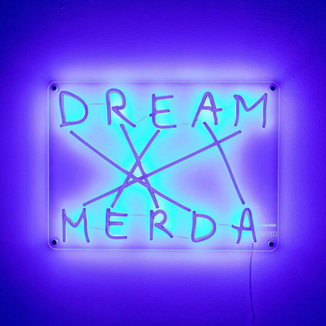 Seletti Dream-Merda LED-wall light dimmable luminous acrylic sign in blue-violet with HAND-DRAWN lettering ‘DREAM MERDA’
