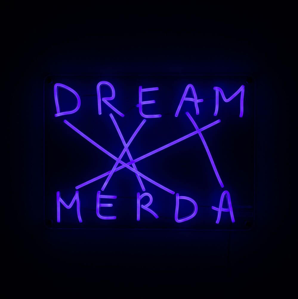 Seletti Dream-Merda LED-Wandleuchte dimmbar blau-violettes Neon-Design mit provokativem Schriftzug aus Acryl und Silikon, dimmbar