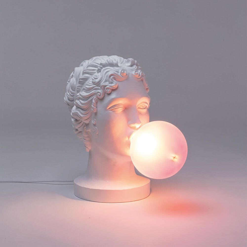 Seletti Grace LED-Tischleuchte Weiß, Pink - weiße Büste mit leuchtend pinker Kaugummi-Lampe als diffuser, modernes Designer-Tischlicht