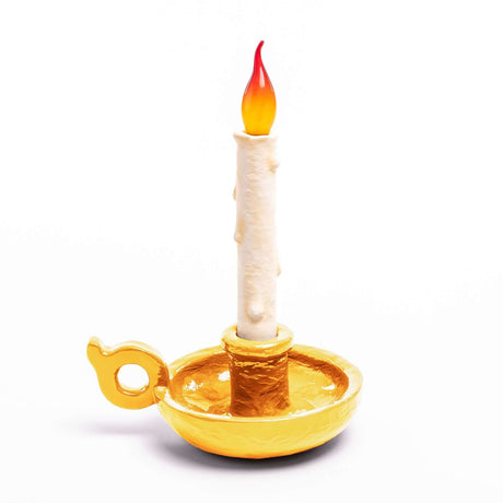 Seletti Grimm rechargeable dimmable table lamp in candelabra design, gold-colored base with flickering LED-flame