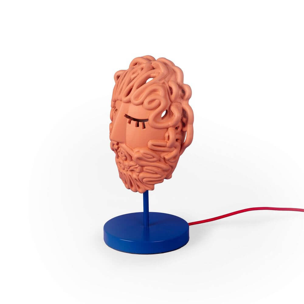 Seletti Magna Graecia Tischleuchte Ulysse Maske Terracotta Tischlampe mit stilisierter Odysseus-Maske und blauem Sockel