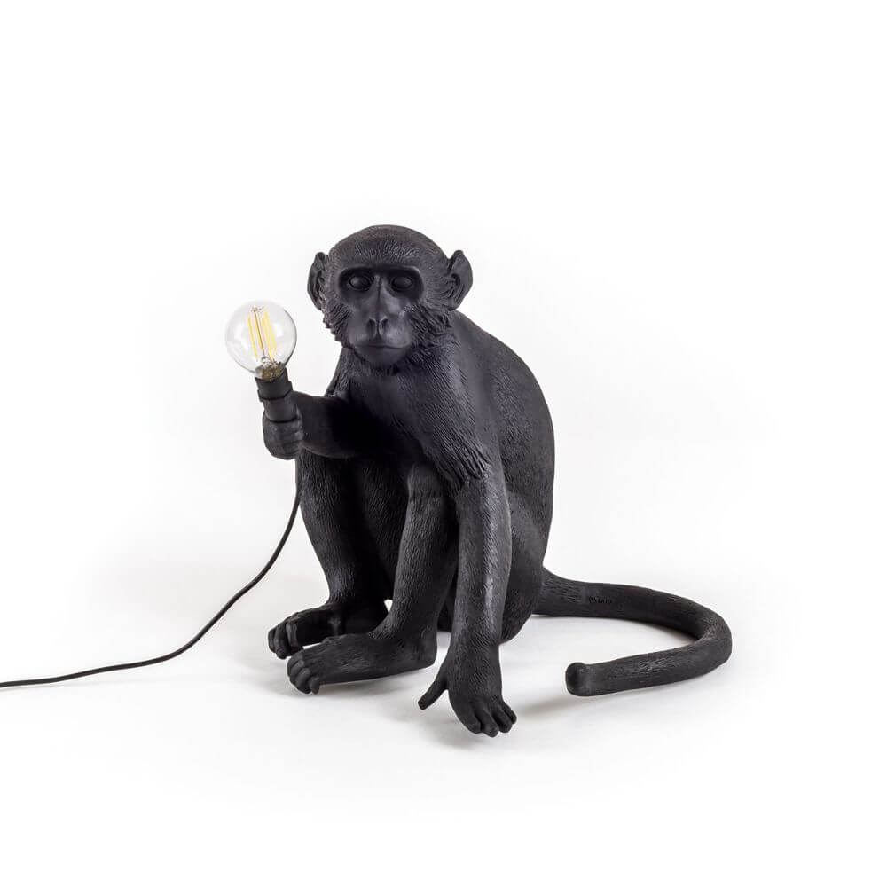 Seletti Monkey Lamp Dekoleuchte Outdoor sitzend Schwarz - schwarze sitzende Affenlampe mit Glühbirne von Marcantonio, dekorative Outdoor-Dekoleuchte