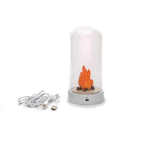 Lampe de table Seletti My Little Bonfire LED effet flamme avec flamme en résine sous dôme en verre et câble USB, ambiance chaleureuse de feu de camp