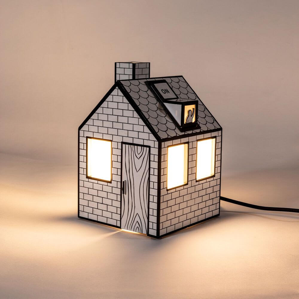 Seletti On-Off Schreibtischleuchte Recyclingpapier quadratisch - Hausförmige Papierlampe mit ON-OFF Schriftzug, warmes Licht, nachhaltiges Design