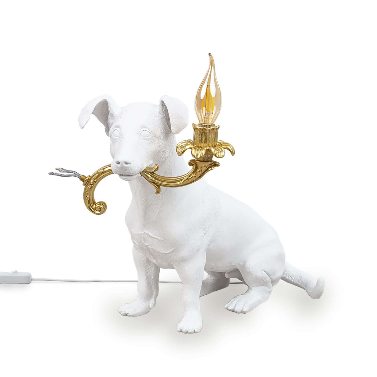 Seletti Rio LED-Tischleuchte weiß - weiße Hundefigur mit goldfarbener Rokoko-Kerzenleuchte und sichtbarem Kabel