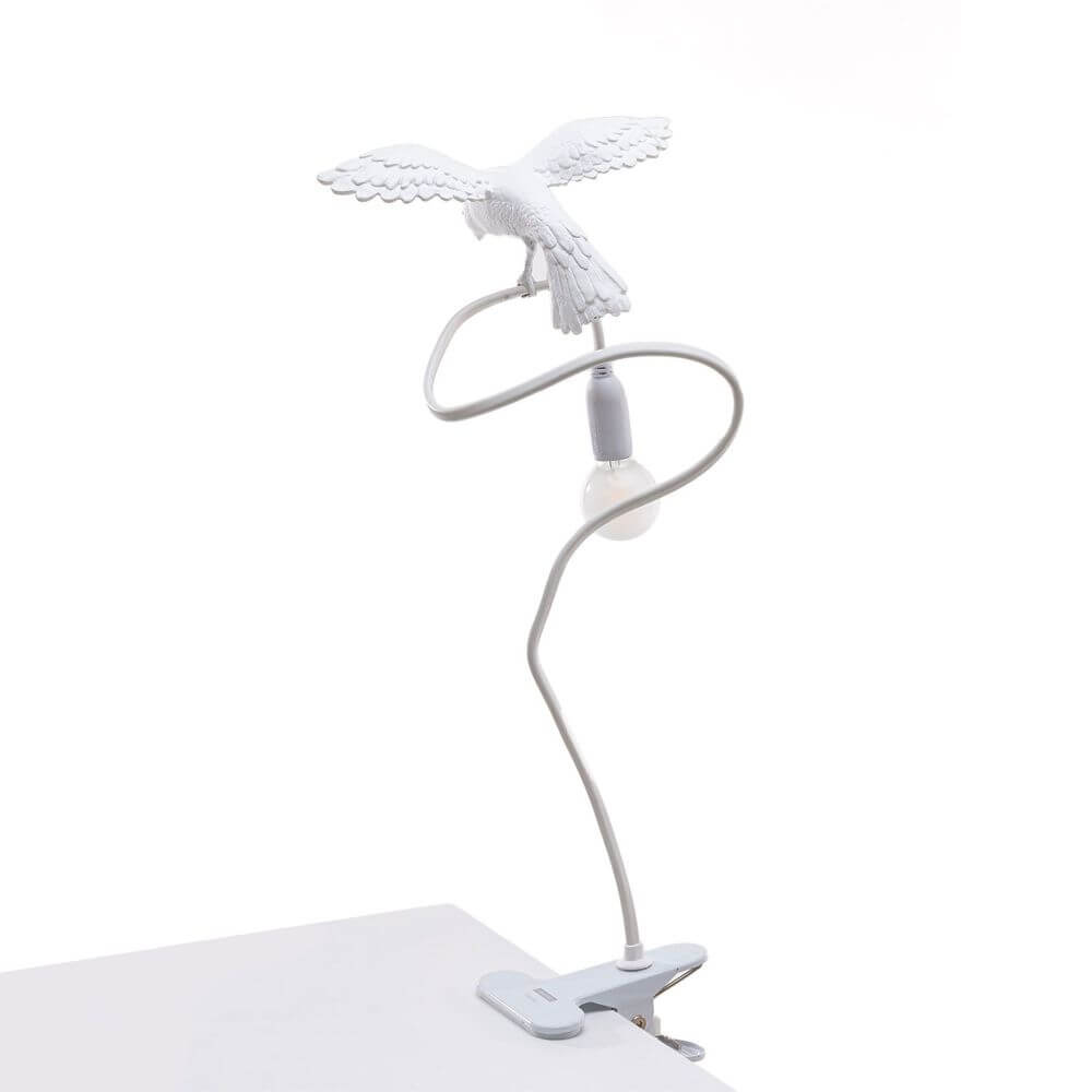 Seletti Sparrow Cruising Klemmleuchte USB weiße Klemmleuchte mit Kunstharz-Vogel auf flexiblem Arm und E14-Glühbirne