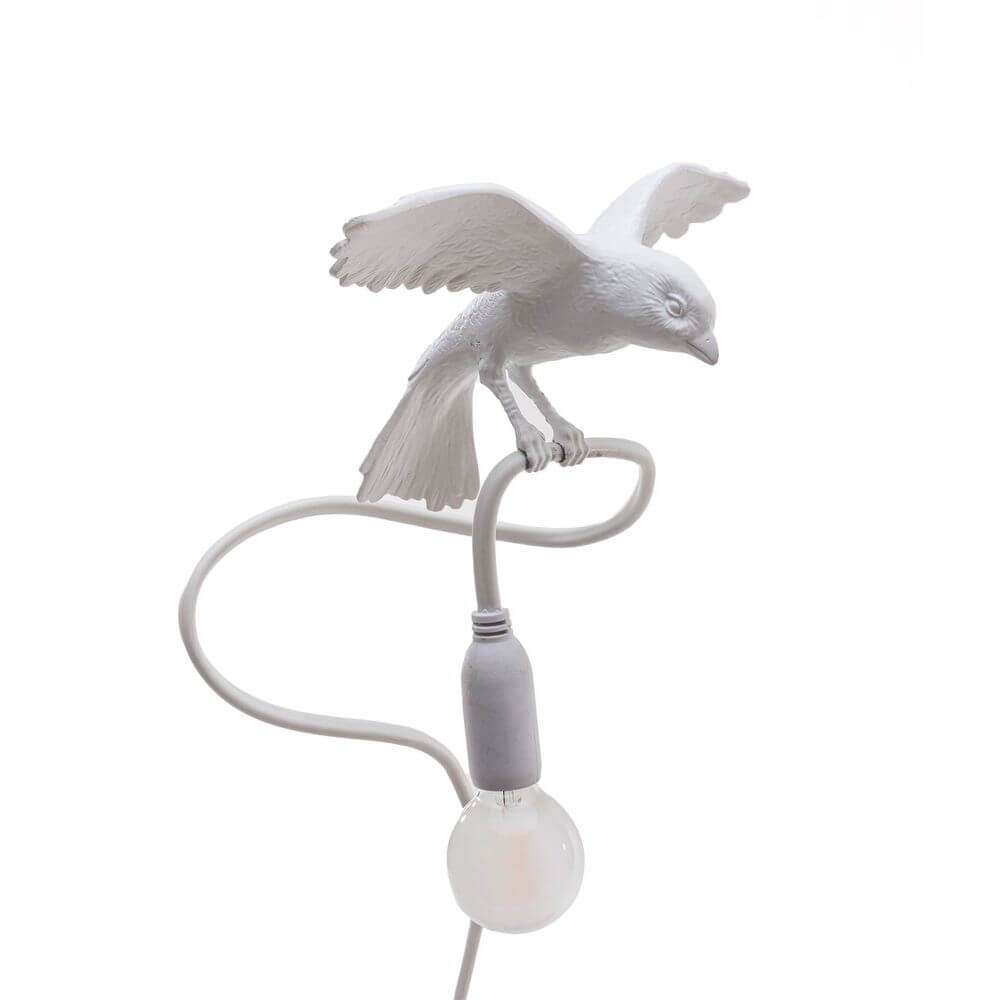 Seletti Sparrow Cruising Klemmleuchte USB weiße Vogel-Klemmleuchte mit flexiblem Arm und E14-Glühbirne, Design von Elena Salmistraro