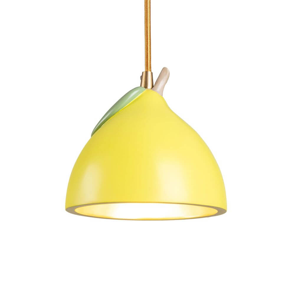 Seletti Vitamin Hängelampe Resin Zitrone - gelbe Designer-Hängelampe aus Resin mit Zitronenform, Blattdetail und goldfarbenem Textilkabel, 14x13 cm